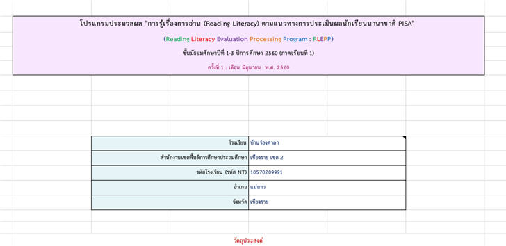 ������͡�����¹����͹ ����������żš���������ͧ�����ҹ (Reading Literacy) ����Ƿҧ��û����Թ�Źѡ���¹�ҹҪҵ� PISA �.1-3 (�Ҥ���¹��� 1) ���駷�� 1 ��͹�Զع�¹ 2560 ��ػ���͡���繡�ҿ �������дѺ�س�Ҿ��Т����Ť�ṹ�����к� e-MES