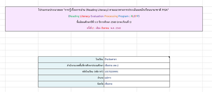 ������͡�����¹����͹ ����������żš���������ͧ�����ҹ (Reading Literacy) ����Ƿҧ��û����Թ�Źѡ���¹�ҹҪҵ� PISA �.1-3 (�Ҥ���¹��� 1) ���駷�� 2 ��͹�ԧ�Ҥ� 2560 ��ػ���͡���繡�ҿ �������дѺ�س�Ҿ��Т����Ť�ṹ�����к� e-MES