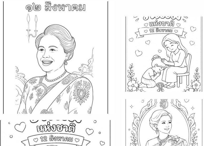 ฟรีสื่อการเรียนการสอน ใบงานระบายสีกิจกรรมวันแม่แห่งชาติ