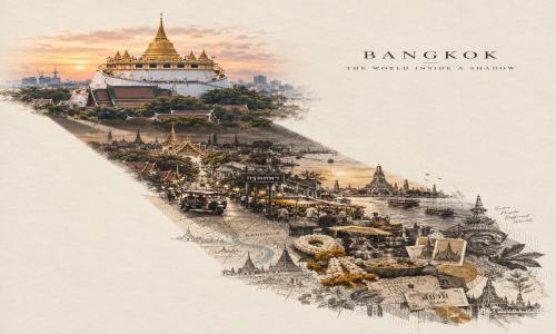 Prompt สร้างภาพงานศิลป์ Editorial เหนือจริงระดับพิพิธภัณฑ์จาก บุคคล  แลนด์มาร์ก  วัตถุ  เมือง ภายใต้แนวคิด THE WORLD INSIDE A SHADOW